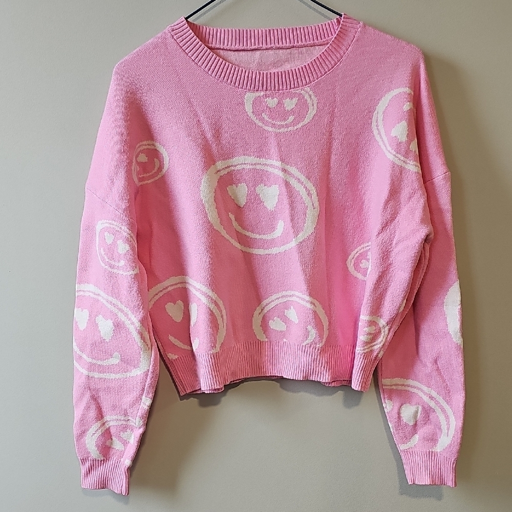 Pink Small Smiley Face Cropped Sweater